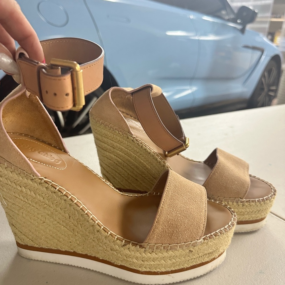 See by Chloe nude and white wedges with nude ankle strap